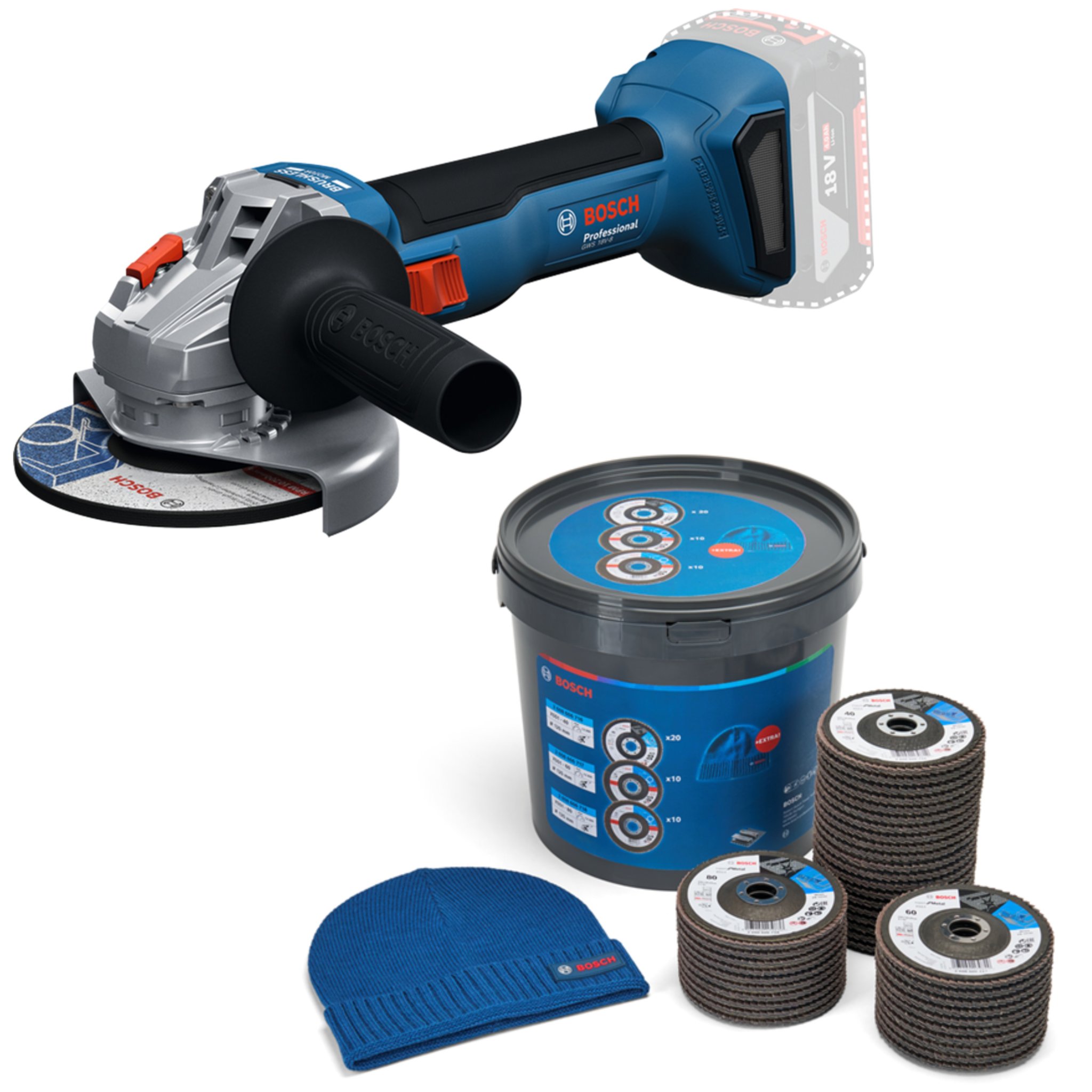Bosch Akku-Winkelschleifer GWS 18V-8 Set mit Fächerschleifscheiben-Set 42-Tlg.